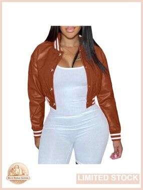Womens Faux Leather Varsity Jacket Cropped Baseball Bomber Jacket